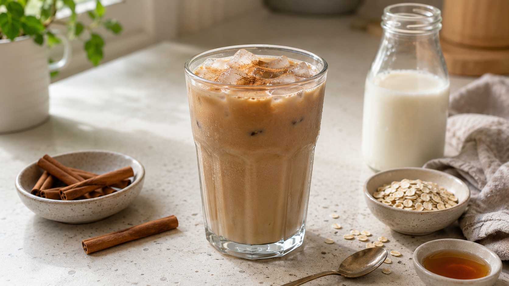 Glass cup of Iced Cinnamon Vanilla Latte with